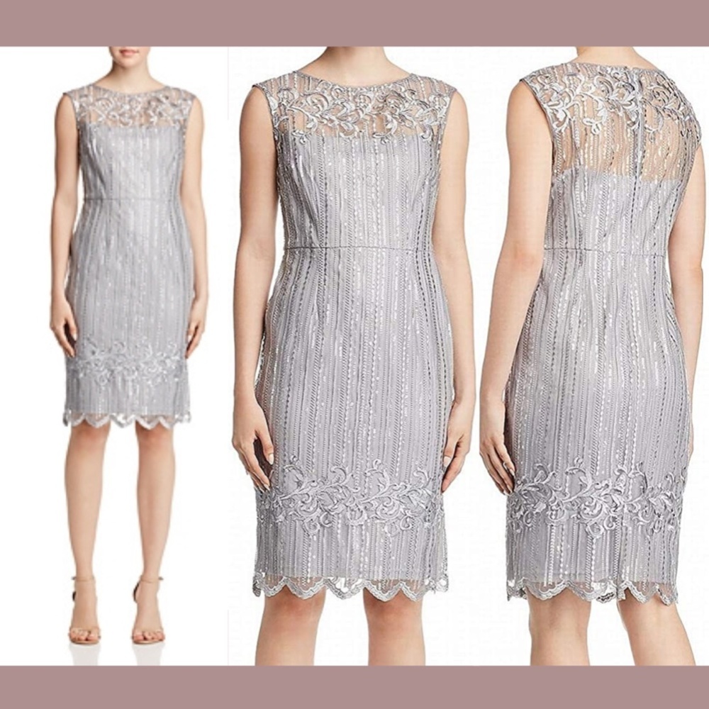 NWT Adrianna Papell [ 2 ] Embroidered Sequin‎ Sheath Dress in Silver